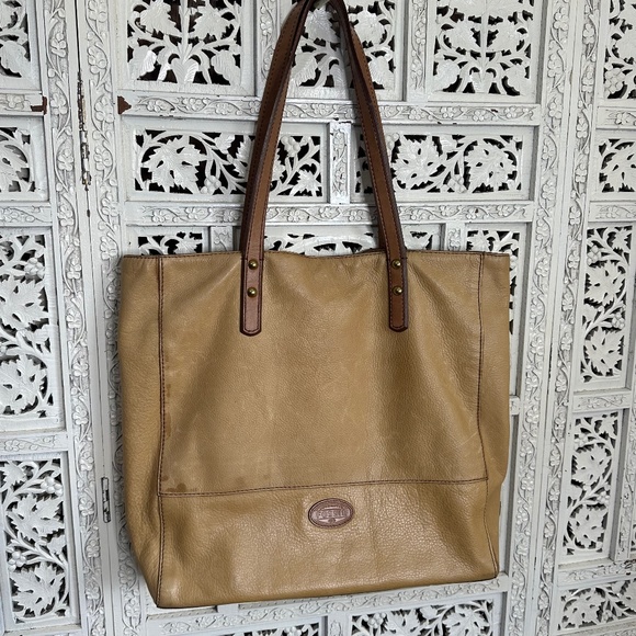 Fossil Tan Leather Zoey Large Boho Hippie Tote Bag 16x14 - Picture 1 of 11